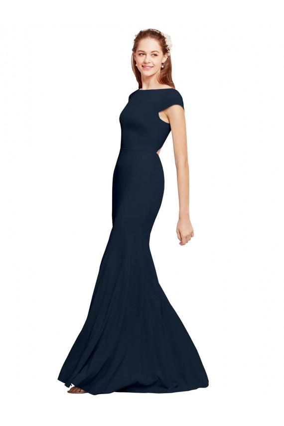 Buy Boat Neck Long Stretch Crepe Dark Navy Sleeveless Formal Evening Dress UK