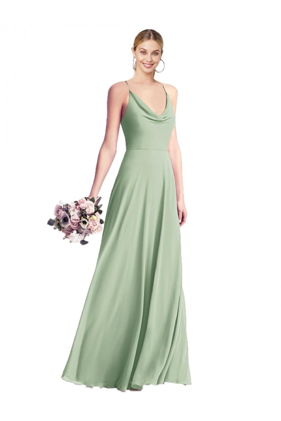 Buy Cowl Neck Long Chiffon Sage Sleeveless Evening Dress UK
