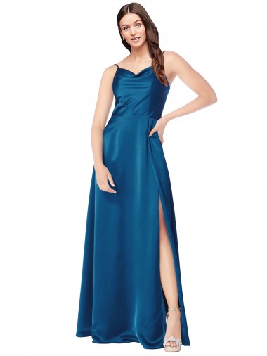 Buy Cowl Neck Long Silky Satin Peacock Blue Sleeveless Formal Evening Dress UK