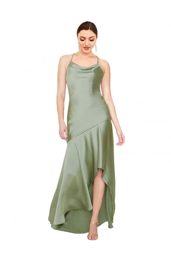 Buy Cowl Neck Long Silky Satin Smoke Green Sleeveless High Low Evening Dress UK