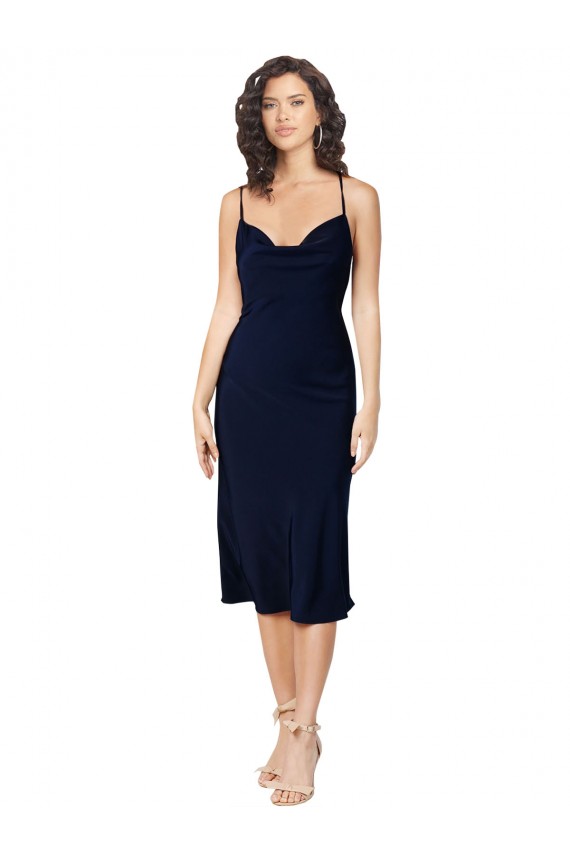 Buy Cowl Neck Midi Length Silky Satin Dark Navy Sleeveless Formal Evening Dress UK