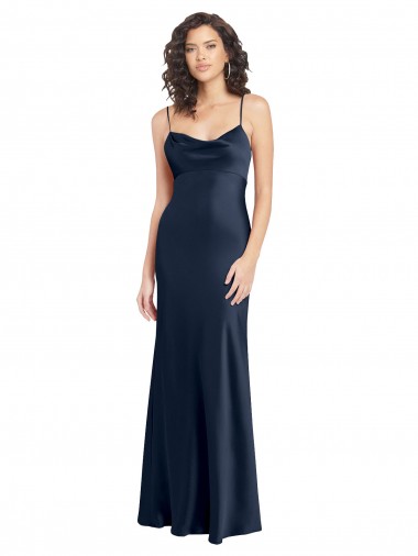 Buy Cowl Neck Long Stretch Satin Dark Navy Sleeveless Black Tie Evening Dress UK