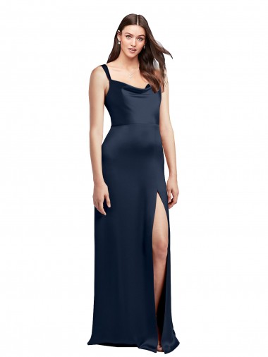 Buy Cowl Neck Long Stretch Satin Dark Navy Sleeveless Formal Evening Dress UK