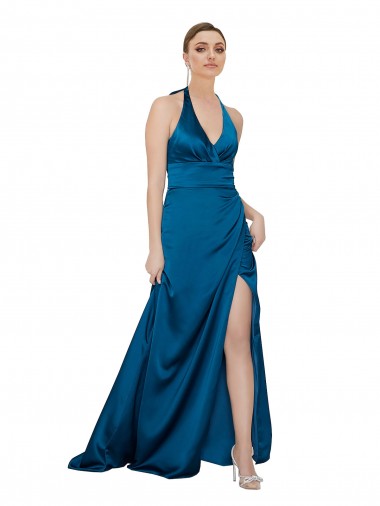 Buy Halter Neck Long Silky Satin Peacock Blue Sleeveless Formal Evening Dress UK