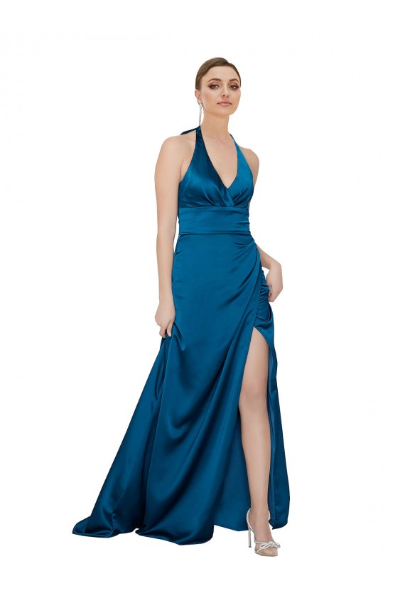 Buy Halter Neck Long Silky Satin Peacock Blue Sleeveless Formal Evening Dress UK