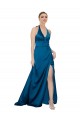 Buy Halter Neck Long Silky Satin Peacock Blue Sleeveless Formal Evening Dress UK