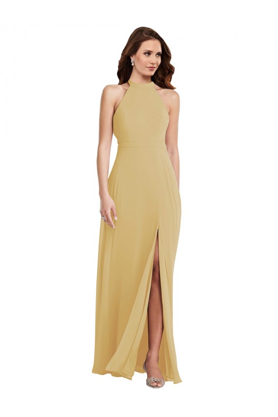 Buy Halter Neck Long Soft Chiffon Gold Sleeveless Semi Formal Evening Dress UK