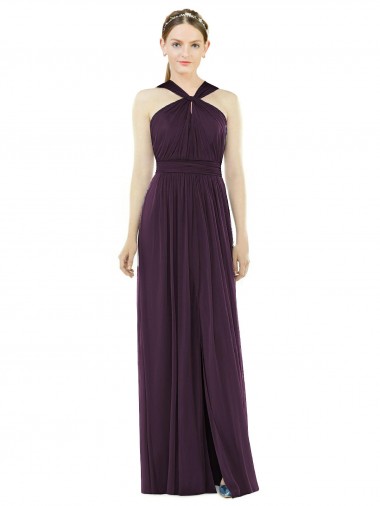 Buy Halter Neck Long Soft Chiffon Grape Sleeveless Semi Formal Evening Dress UK