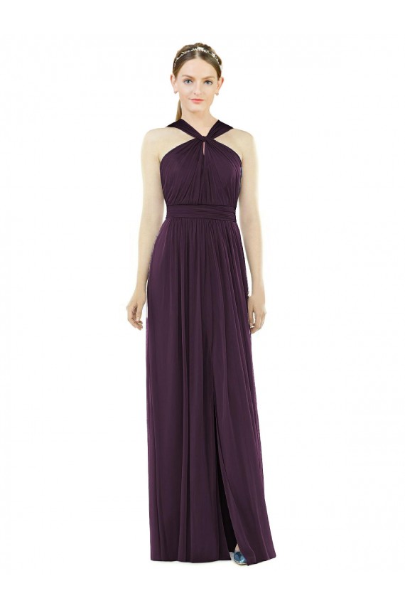 Buy Halter Neck Long Soft Chiffon Grape Sleeveless Semi Formal Evening Dress UK
