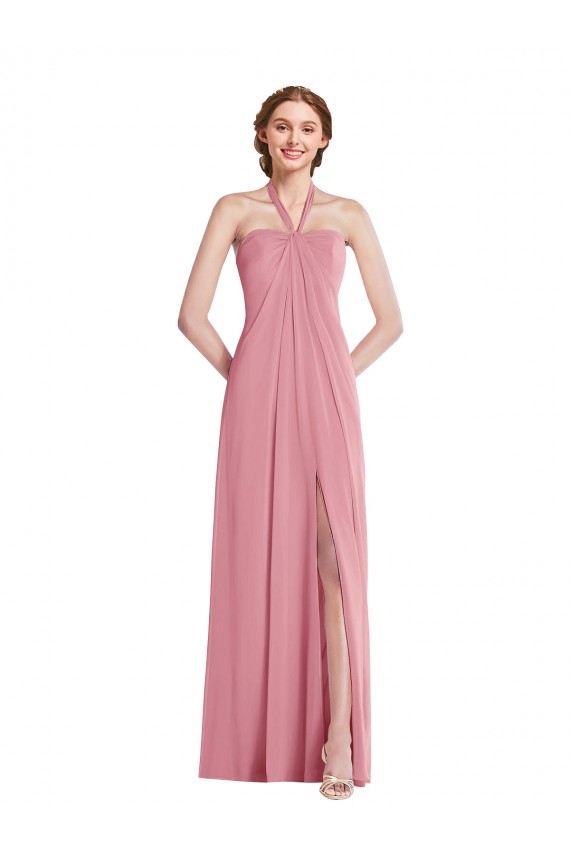 Buy Halter Neck Long Soft Chiffon Skin Pink Sleeveless Semi Formal Evening Dress UK