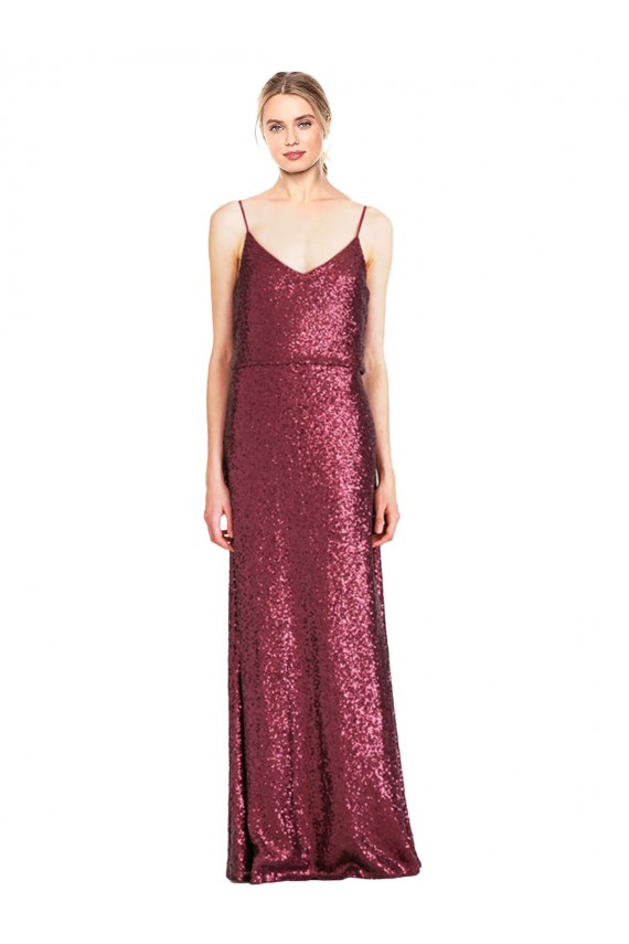 Buy High Neck Long Sequin Burgundy A-Line Sleeveless Formal Evening Dress UK