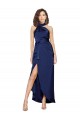 Buy High Neck Long Silky Satin Sapphire Sleeveless High Low Evening Dress UK