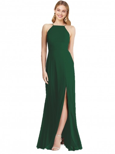Buy High Neck Long Soft Chiffon Dark Green Sleeveless Semi Formal Evening Dress UK