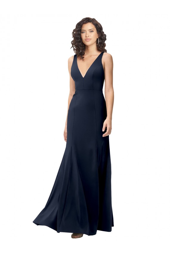 Buy High Neck Long Stretch Crepe Dark Navy V-Neck Sleeveless Evening Dress UK