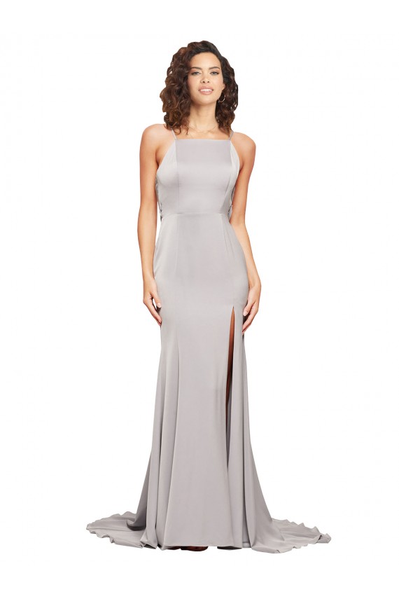 Buy High Neck Sweep Train Stretch Satin Sleeveless Formal Evening Dress UK