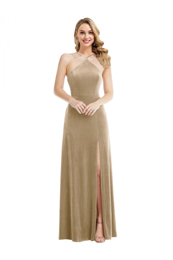 Buy High Neck Long Stretch Velvet Champagne Sleeveless Semi Formal Evening Dress UK