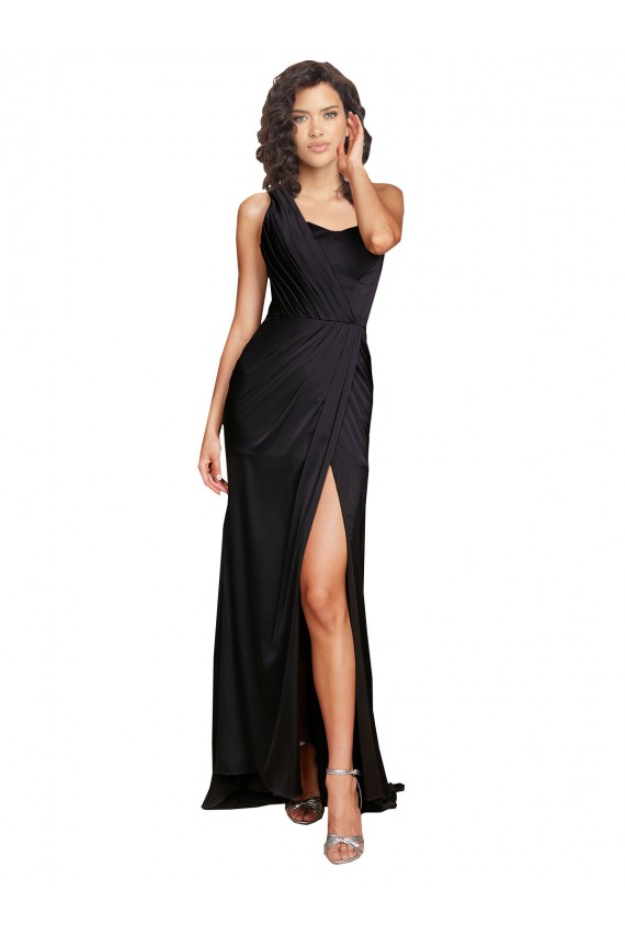 Buy One Shoulder Long Silky Satin Black Sleeveless Evening Dress UK