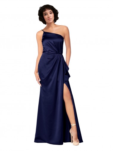 Buy One Shoulder Long Silky Satin Sapphire Sleeveless Black Tie Evening Dress UK