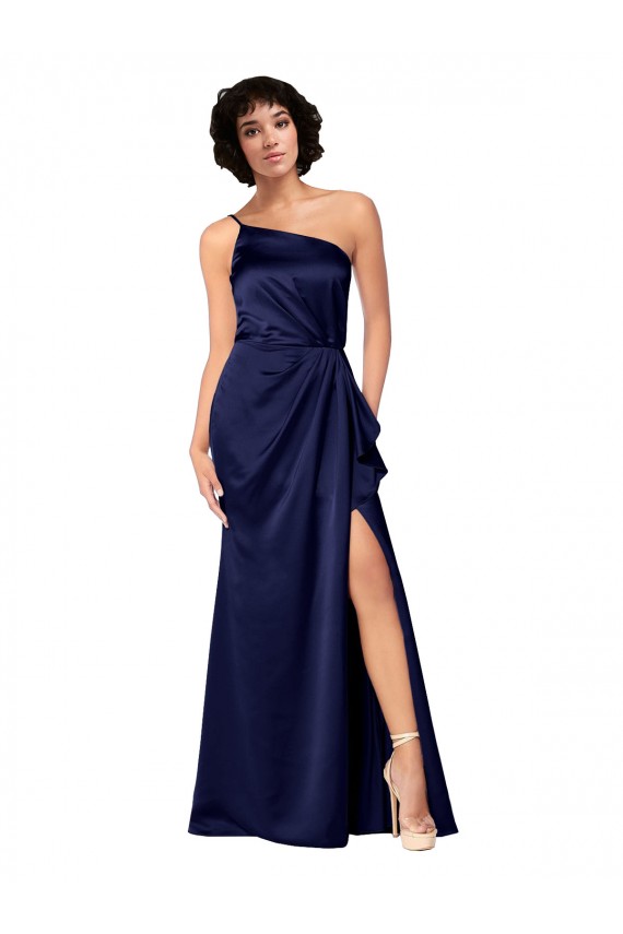Buy One Shoulder Long Silky Satin Sapphire Sleeveless Black Tie Evening Dress UK