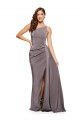 Buy One Shoulder Long Silky Satin Slate Grey Sleeveless Formal Evening Dress UK