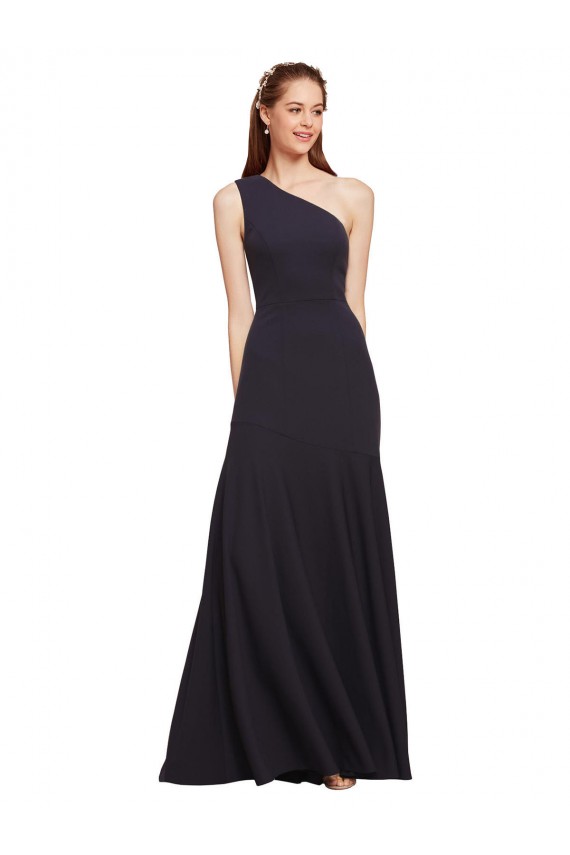 Buy One Shoulder Long Stretch Crepe Dark Navy A-Line Sleeveless Formal Evening Dress UK