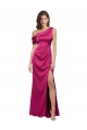 Buy One Shoulder Long Stretch Satin Fuchsia Sleeveless Evening Dress UK