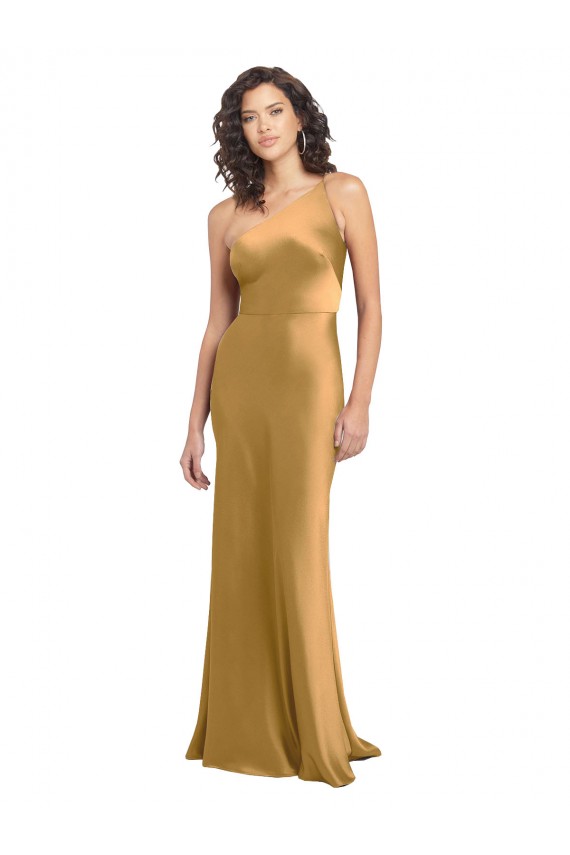 Buy One Shoulder Long Stretch Satin Gold Sleeveless Formal Evening Dress UK