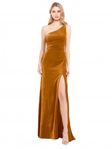 Buy One Shoulder Long Stretch Velvet Gold Sleeveless Formal Evening Dress UK