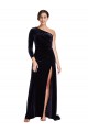 Buy One Shoulder Sweep Train Stretch Velvet Dark Navy Long Sleeves Formal Evening Dress UK