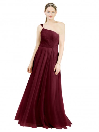 Buy One Shoulder Long Tulle Burgundy Sleeveless Semi Formal Evening Dress UK