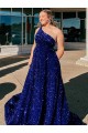 Buy One Shoulder Sweep Train Velvet Sequin Royal Blue Sleeveless Evening Gown UK