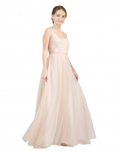 Buy Scoop Neck Long Tulle Pink Sleeveless Semi Formal Evening Dress UK