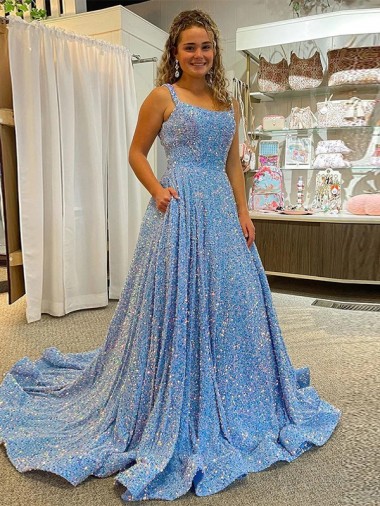 Buy Scoop Neck Court Train Velvet Sequin Sleeveless Evening Dress UK
