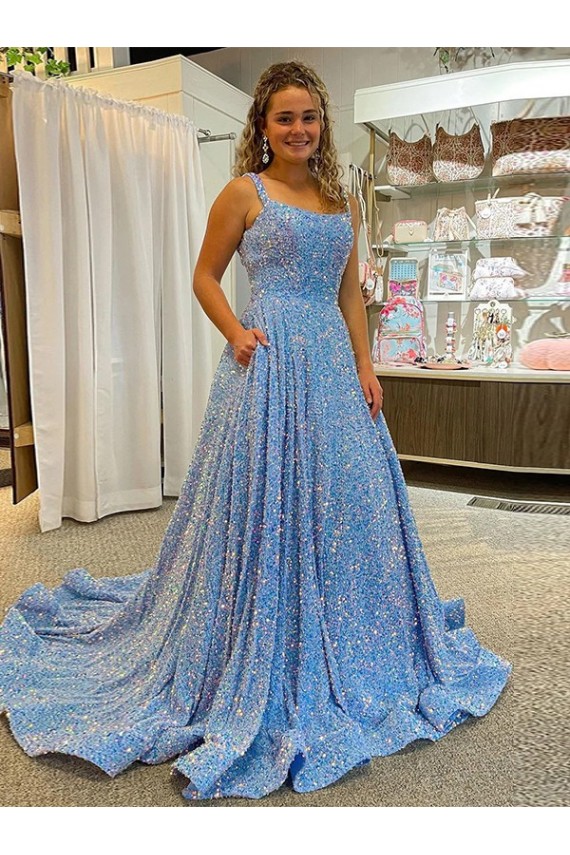 Buy Scoop Neck Court Train Velvet Sequin Sleeveless Evening Dress UK