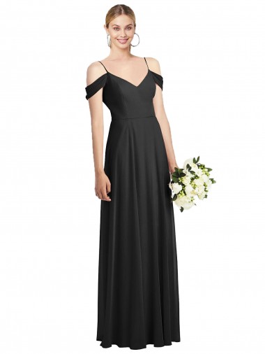Buy Spaghetti Straps Long Soft Chiffon Black Cold Shoulder Semi Formal Evening Dress UK