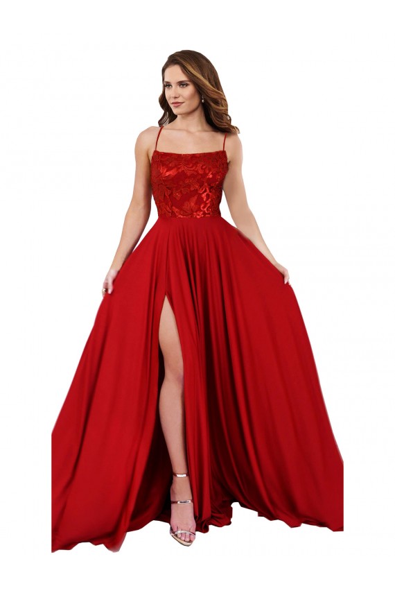 Buy Square Neck Long Spandex & Lace Red Sleeveless Semi Formal Evening Dress UK