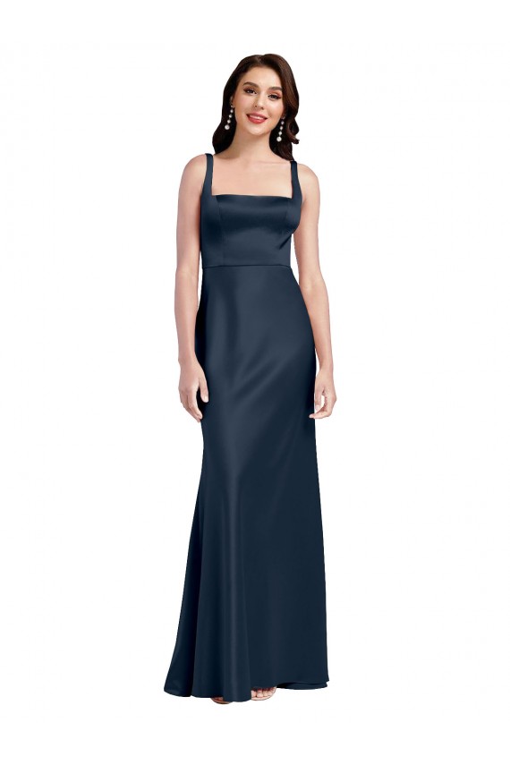 Buy Square Neck Long Stretch Satin Dark Navy Sleeveless Formal Evening Dress UK