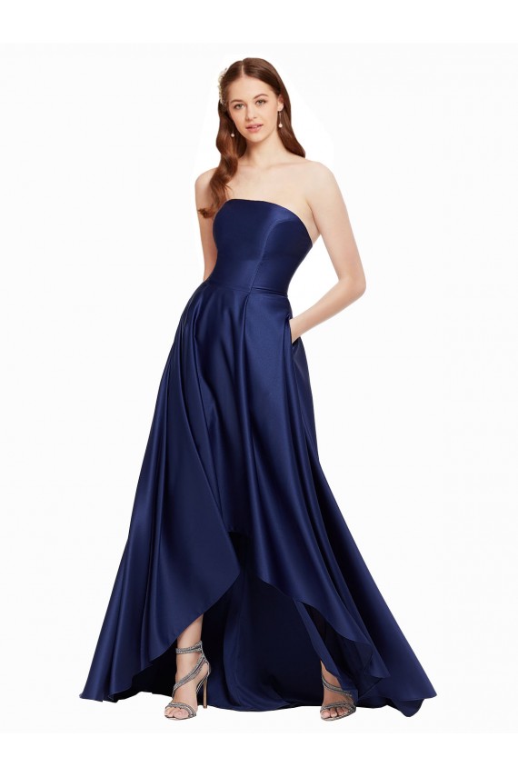 Buy Strapless Long Satin Dark Navy Sleeveless High Low Evening Dress UK