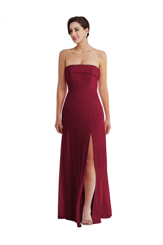 Buy Strapless Long Soft Chiffon Burgundy Sleeveless Formal Evening Dress UK