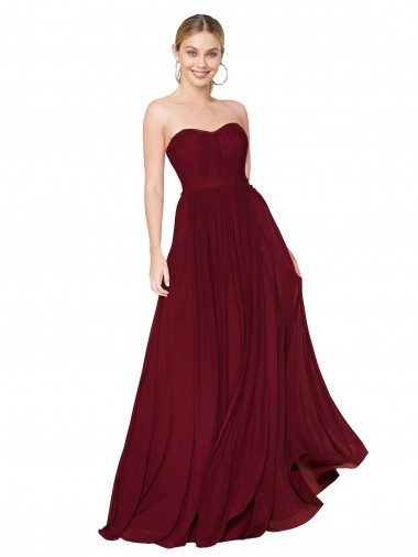 Buy Strapless Long Soft Chiffon Burgundy Sleeveless Formal Evening Gown UK
