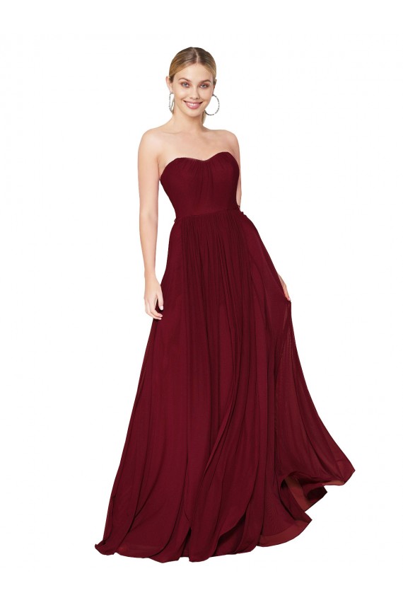Buy Strapless Long Soft Chiffon Burgundy Sleeveless Formal Evening Gown UK