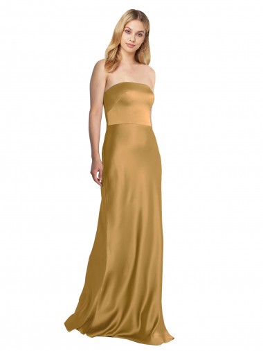 Buy Strapless Long Stretch Satin Gold Sleeveless Formal Evening Dress UK