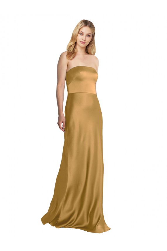 Buy Strapless Long Stretch Satin Gold Sleeveless Formal Evening Dress UK