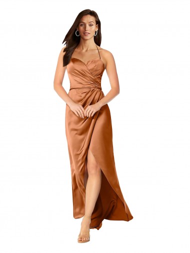 Buy Sweetheart Long Silky Satin Orange Sleeveless High Low Evening Dress UK