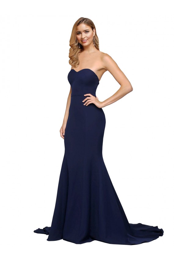 Buy Sweetheart Sweep Train Stretch Crepe Dark Navy Sleeveless Formal Evening Dress UK