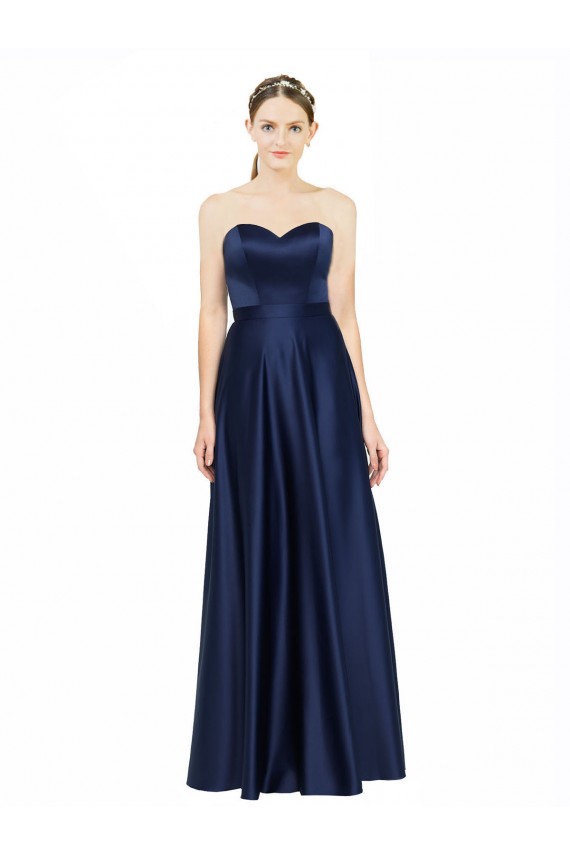 Buy Sweetheart Long Stretch Satin Dark Navy Sleeveless Black Tie Evening Dress UK