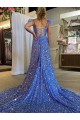 Buy V-Neck Court Train Velvet Sequin Sleeveless Evening Dress UK