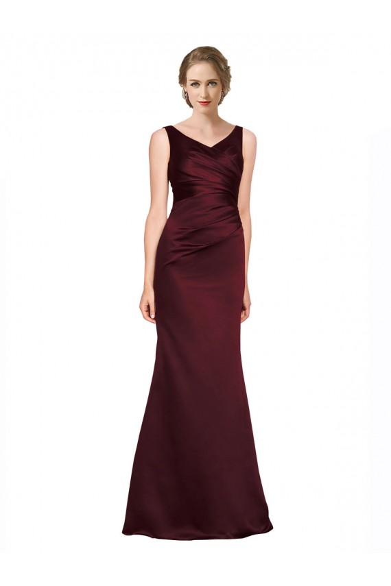 Buy V-Neck Long Satin Burgundy Sleeveless Black Tie Evening Dress UK
