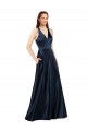 Buy V-Neck Long Satin Dark Navy Sleeveless Formal Evening Dress UK