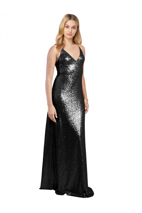 Buy V-Neck Long Sequin Black Sleeveless Formal Evening Dress UK
